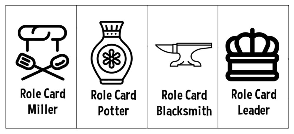 Role cards representing craft specialists in Social Complexity: The Game.